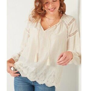 Old Navy Lace-Trim Tie-Neck Poet Blouse Cottagecore White Sz L Peasant Boho